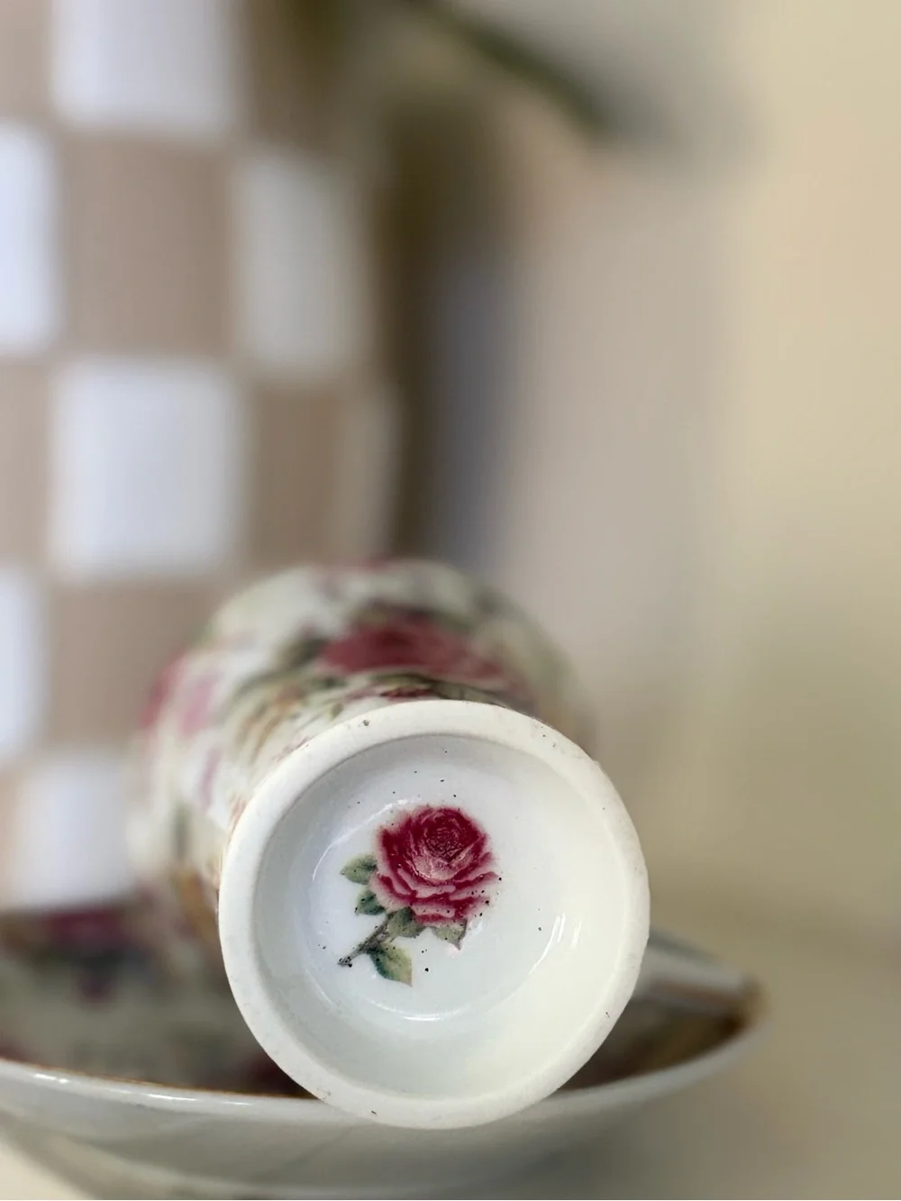 Vintage Floral Demitasse Cup and Saucer in White with Pink and Yellow Roses